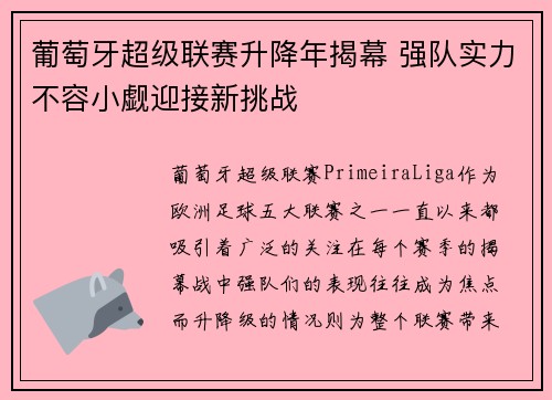 葡萄牙超级联赛升降年揭幕 强队实力不容小觑迎接新挑战