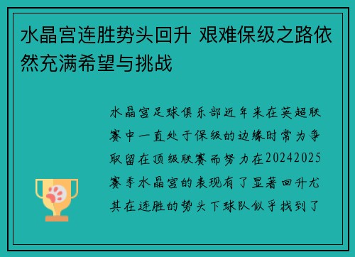 水晶宫连胜势头回升 艰难保级之路依然充满希望与挑战