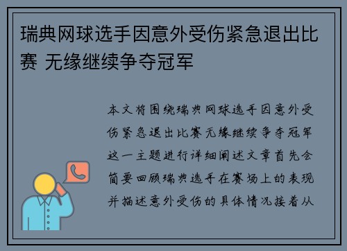 瑞典网球选手因意外受伤紧急退出比赛 无缘继续争夺冠军