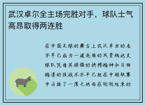 武汉卓尔全主场完胜对手，球队士气高昂取得两连胜