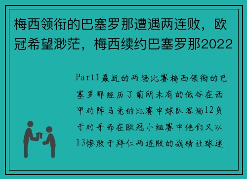 梅西领衔的巴塞罗那遭遇两连败，欧冠希望渺茫，梅西续约巴塞罗那2022封王之战