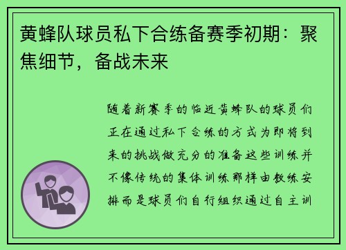 黄蜂队球员私下合练备赛季初期：聚焦细节，备战未来