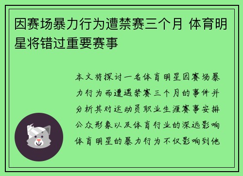 因赛场暴力行为遭禁赛三个月 体育明星将错过重要赛事