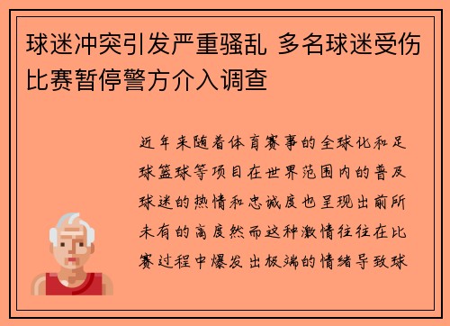 球迷冲突引发严重骚乱 多名球迷受伤比赛暂停警方介入调查
