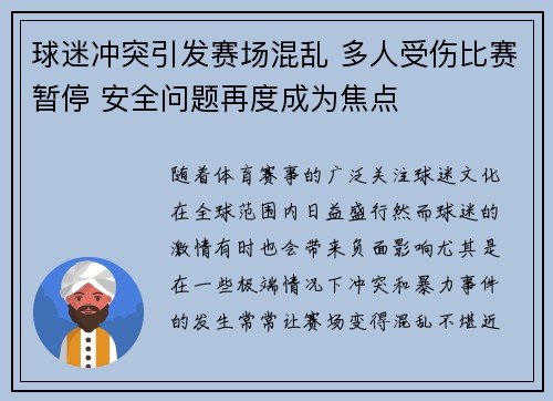 球迷冲突引发赛场混乱 多人受伤比赛暂停 安全问题再度成为焦点