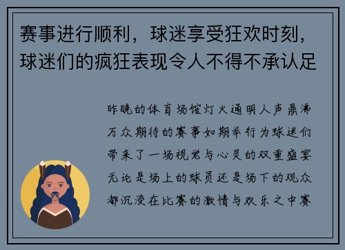 赛事进行顺利，球迷享受狂欢时刻，球迷们的疯狂表现令人不得不承认足球的魅力